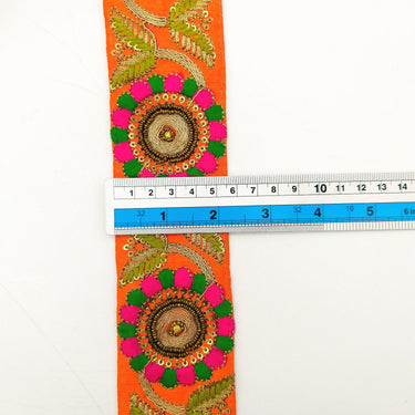 Orange Art Silk Lace Trim, Floral Embroidery in Green and Fuchsia, Hand Embroidered Border with Antique Gold beads and Gold Sequins